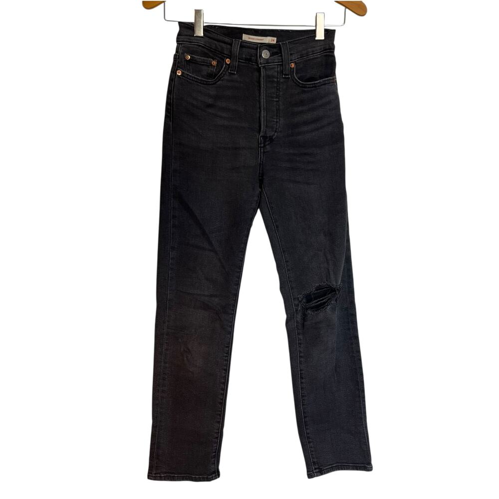 Levi's Wedgie Straight Fit Jeans Black Distressed Denim High Rise Grunge Size 24